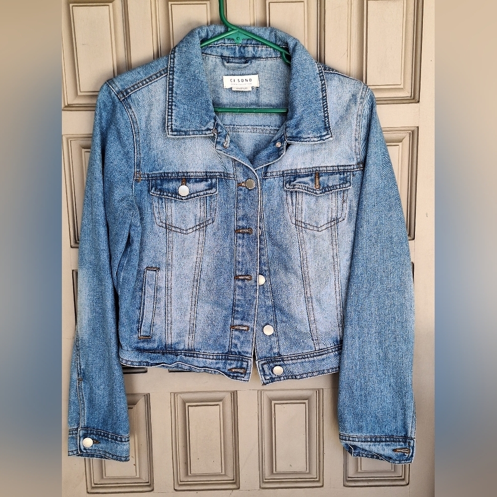 CiSono Denim Jean Jacket SzM Lng Sleeve Collar/Cuff Buttons Menium Wash Pockets